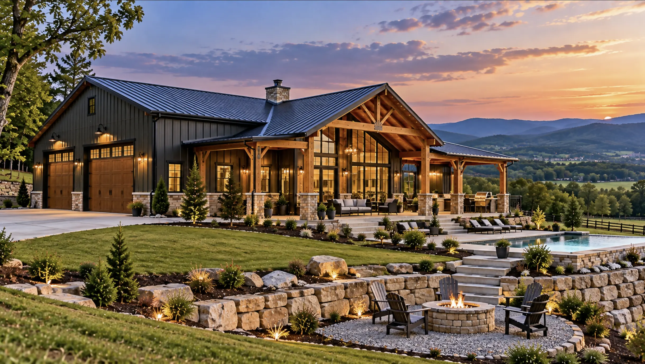 Custom barndominium with spacious living areas, integrated garage and outdoor amenities in Johnson City, TN.