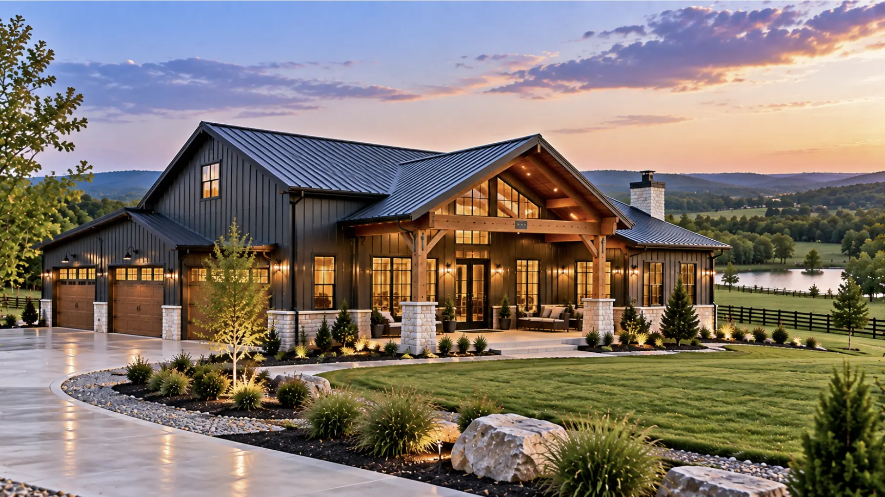 Custom modern barndominium with integrated garage and spacious living areas on a Mount Juliet, TN property.