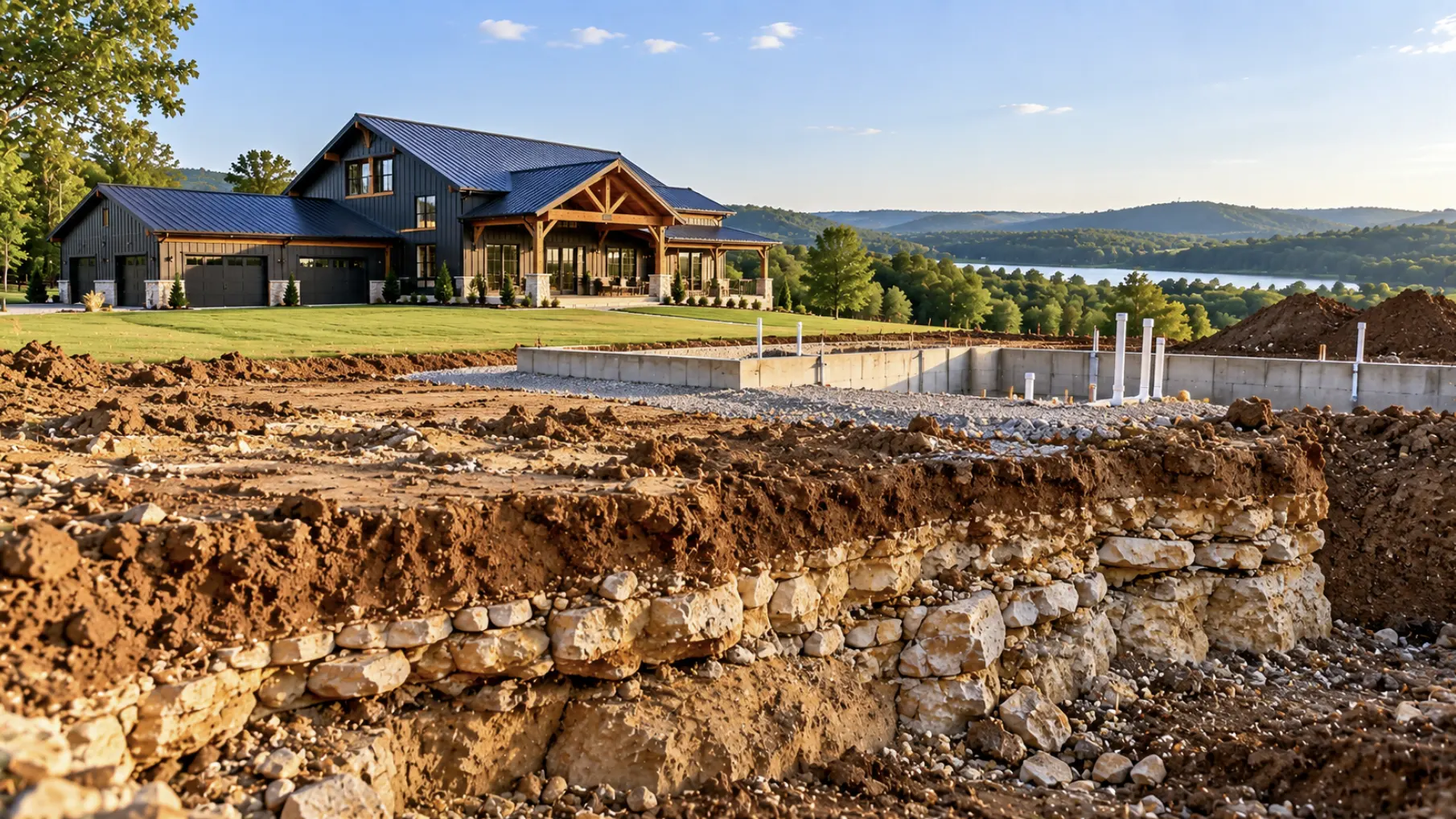 Barndominium building site showing distinct soil and subsurface conditions in Dickson, TN.