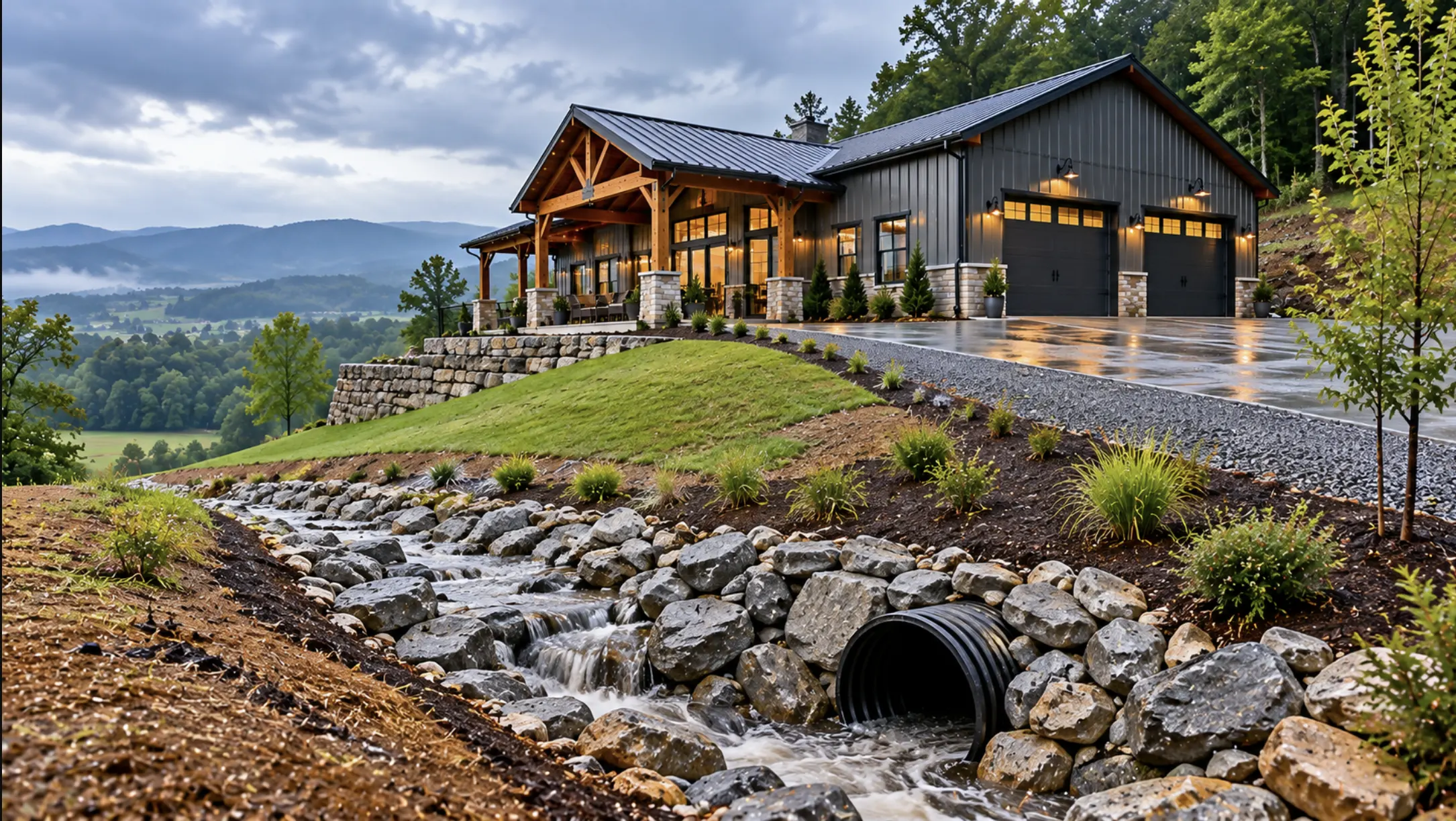 Barndominium on a sloped Johnson City, TN property with engineered stormwater drainage and erosion control.