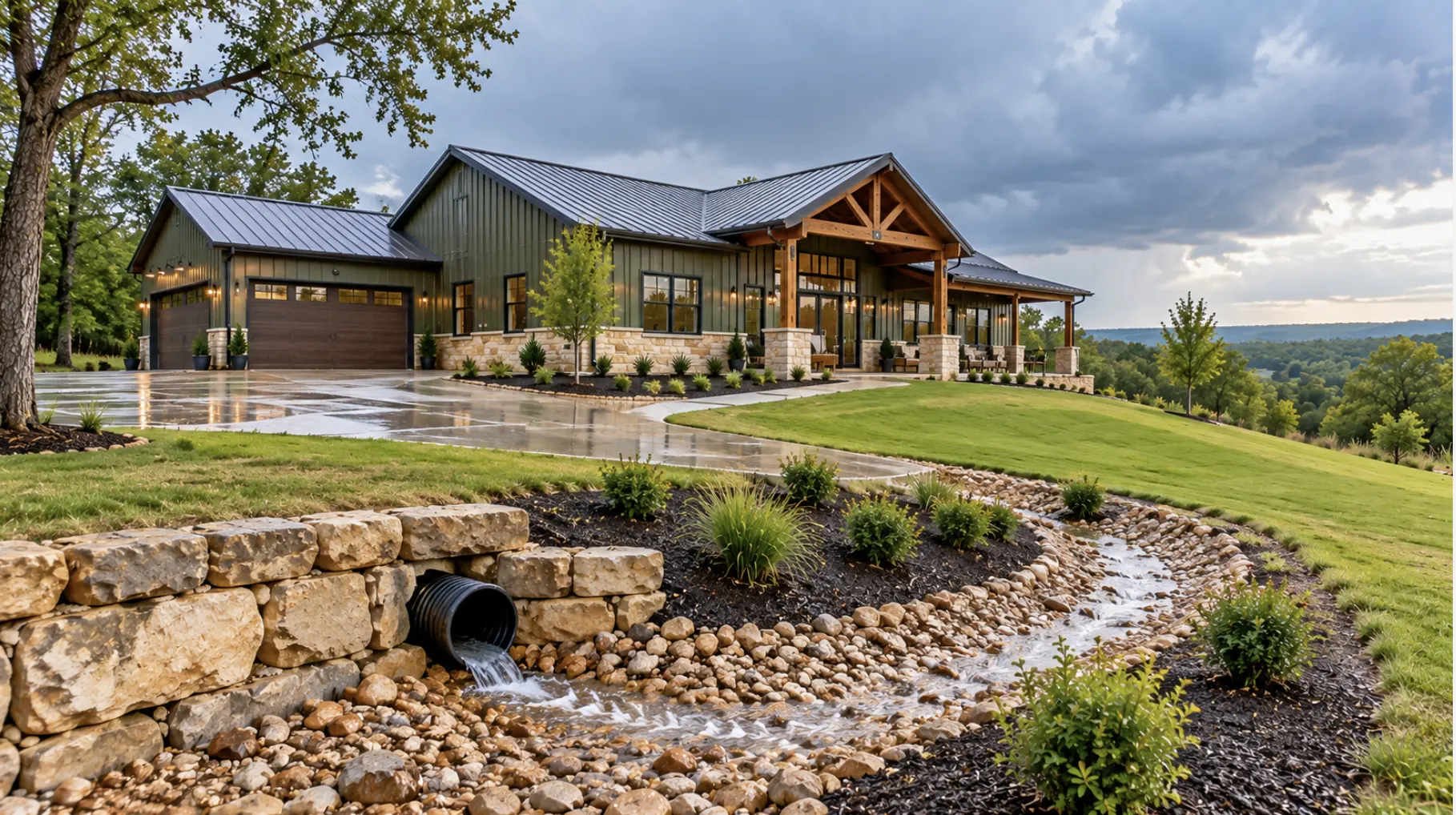 Barndominium with graded landscaping and stormwater drainage system on a Mount Juliet, TN building site.