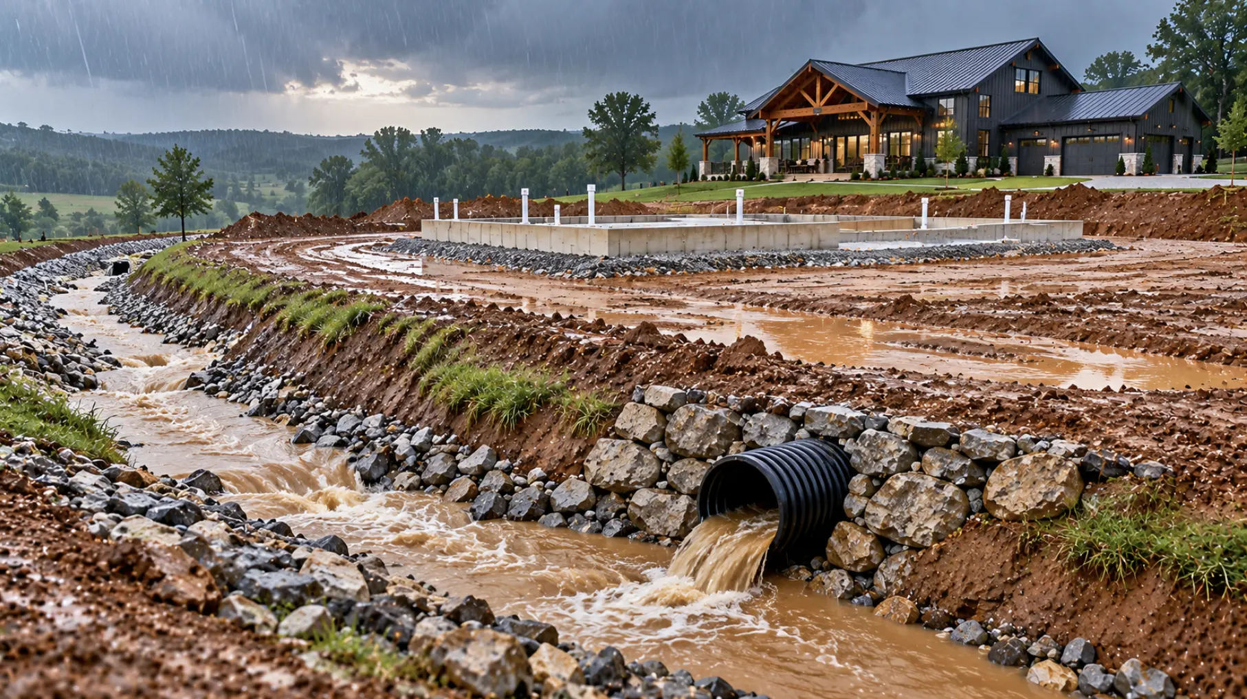 Barndominium building site with stormwater drainage and heavy rain management in Dickson, TN.