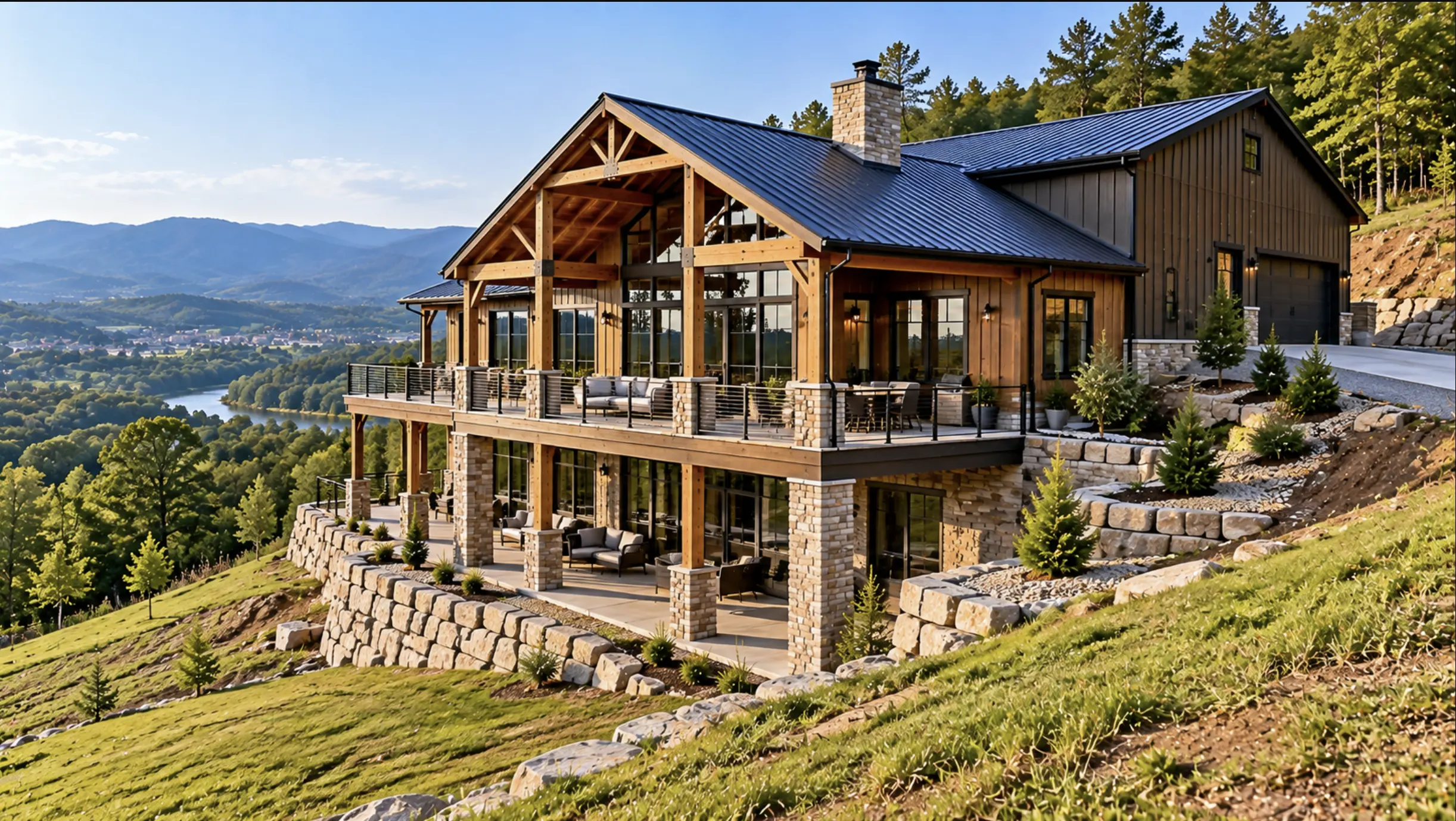 Barndominium floor plan adapted to a sloped hillside property in Johnson City, TN.