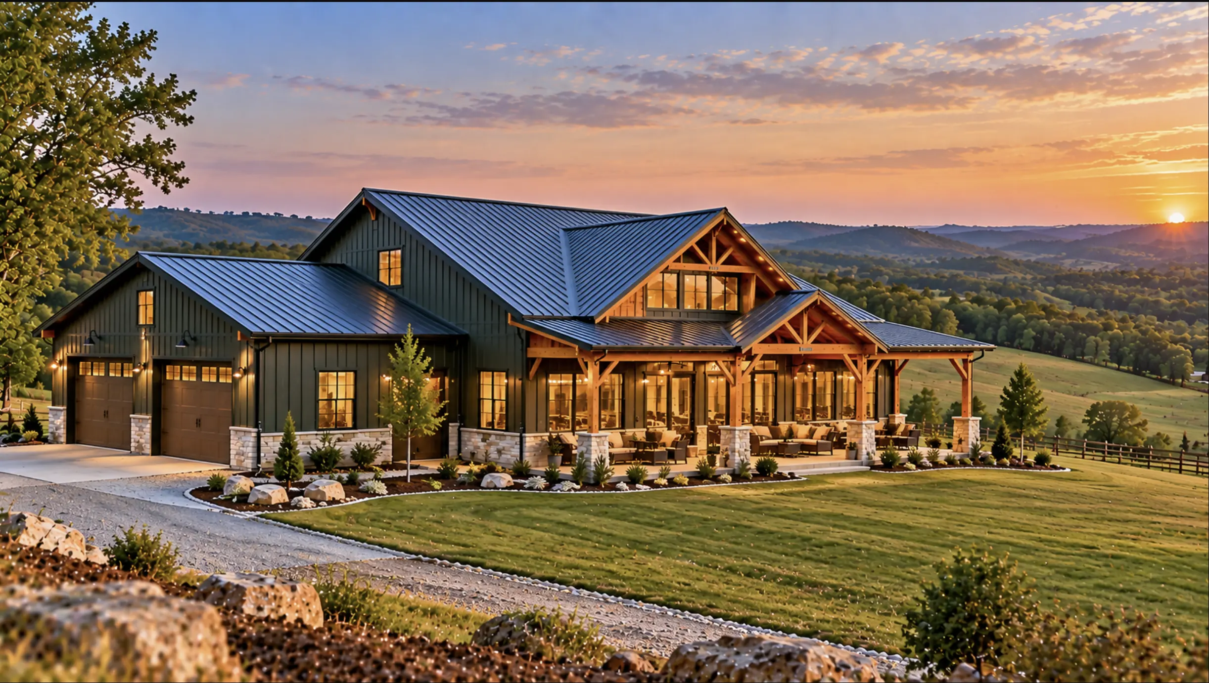 Custom barndominium floor plan adapted to rolling rural terrain in Dickson, TN.