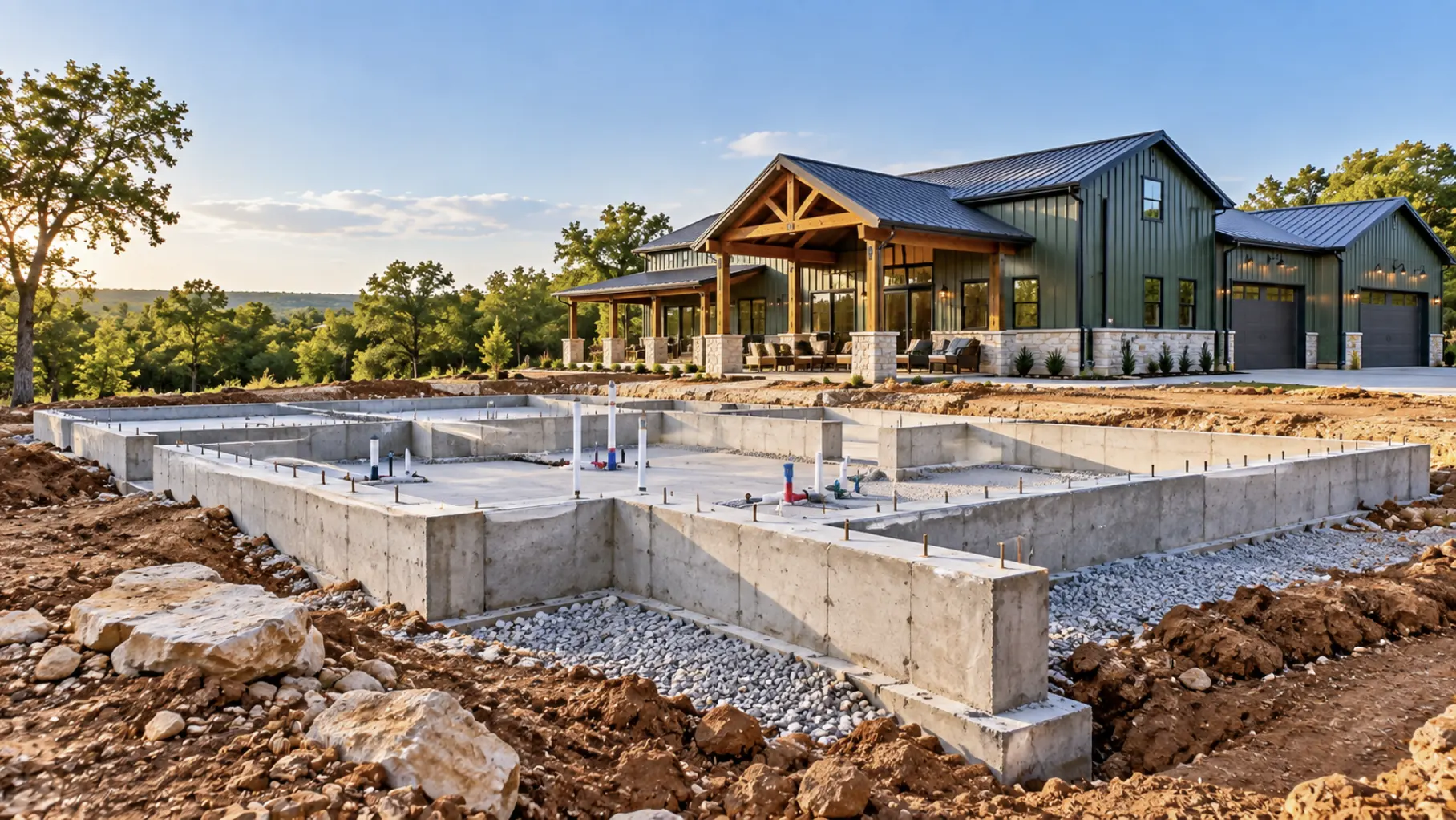 Barndominium foundation construction planned for rocky limestone ground conditions in Mount Juliet, TN.