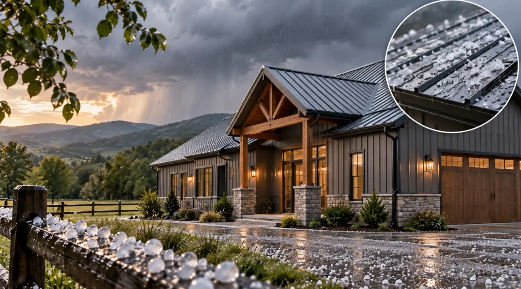 Metal roof on a Tennessee barndominium exposed to hail and severe weather conditions