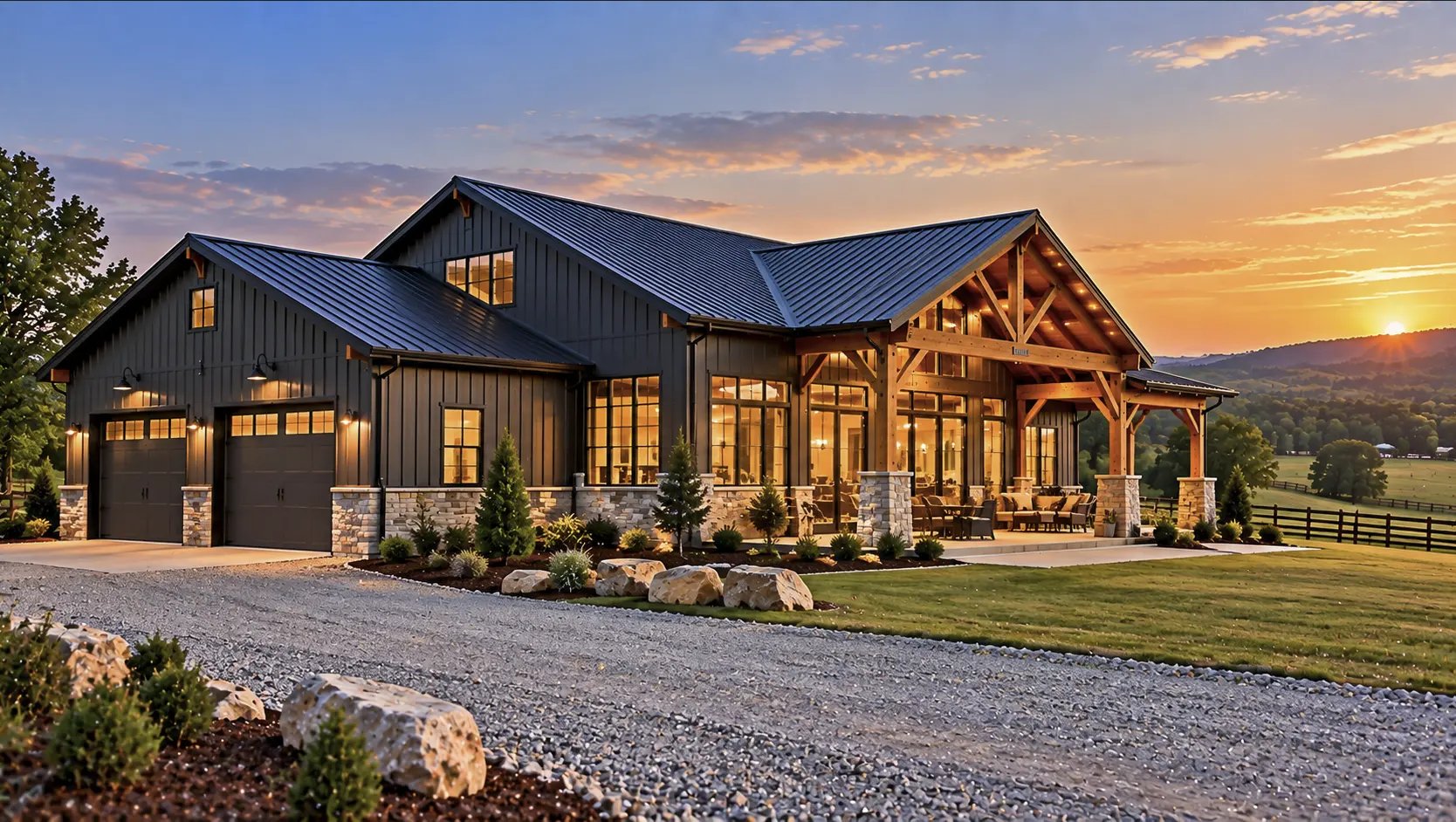 Completed custom barndominium illustrating building costs on a rural property in Dickson, TN.