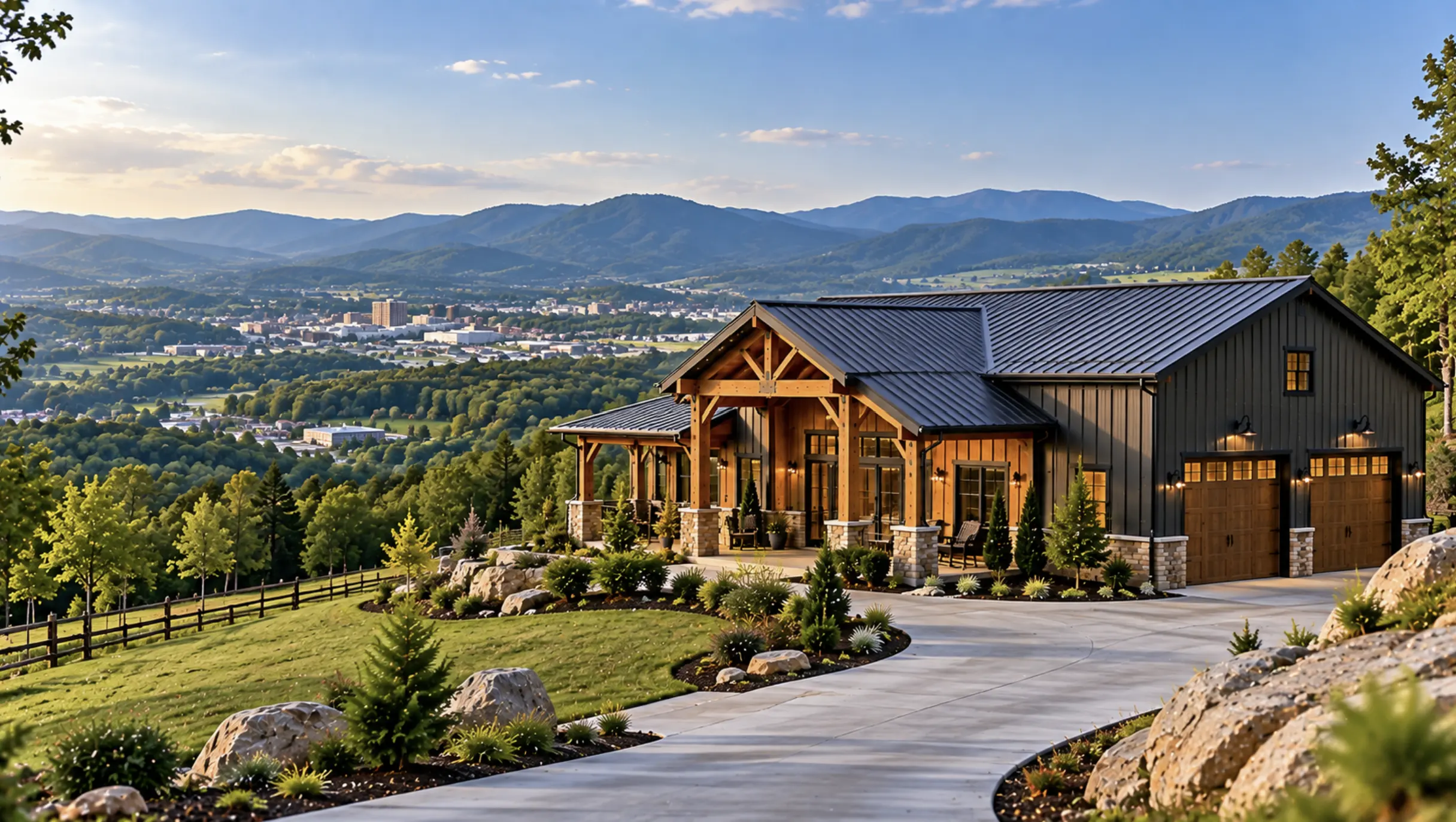 Modern barndominium overlooking Johnson City within the East Tennessee service area.