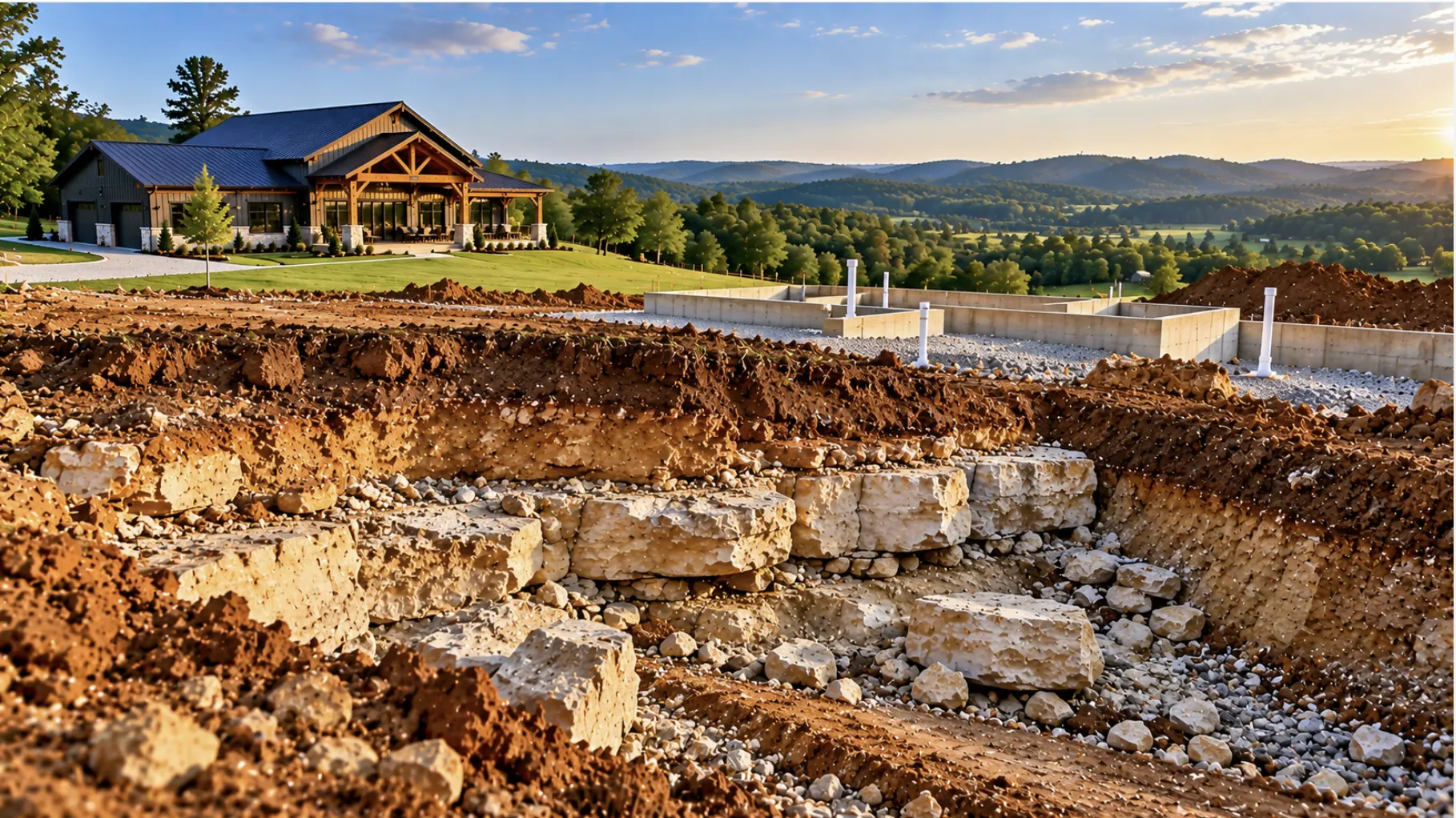 Barndominium construction site showing varying limestone depth and soil conditions in Dickson, TN.