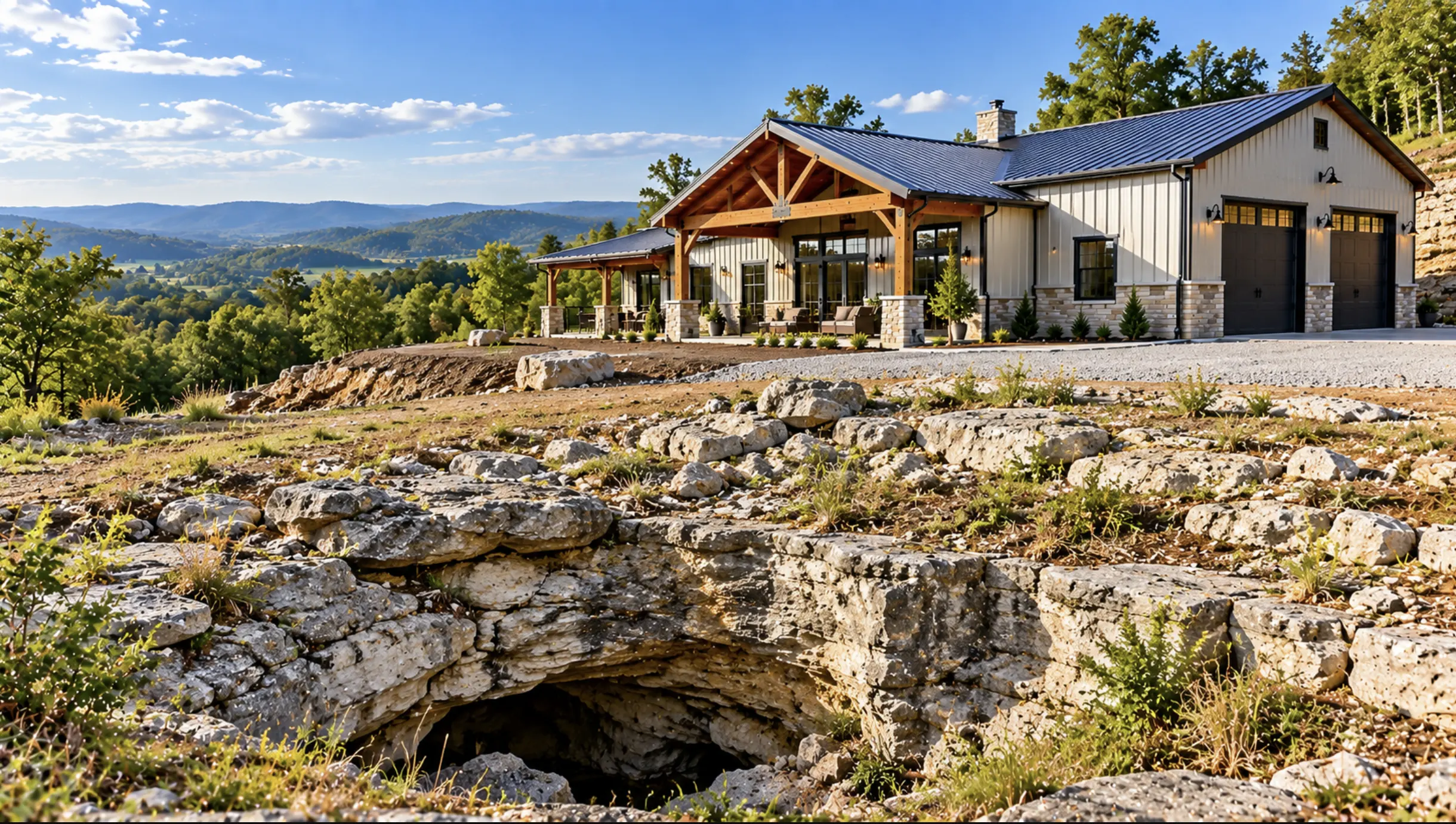 Barndominium property with exposed limestone and karst terrain conditions in Johnson City, TN.