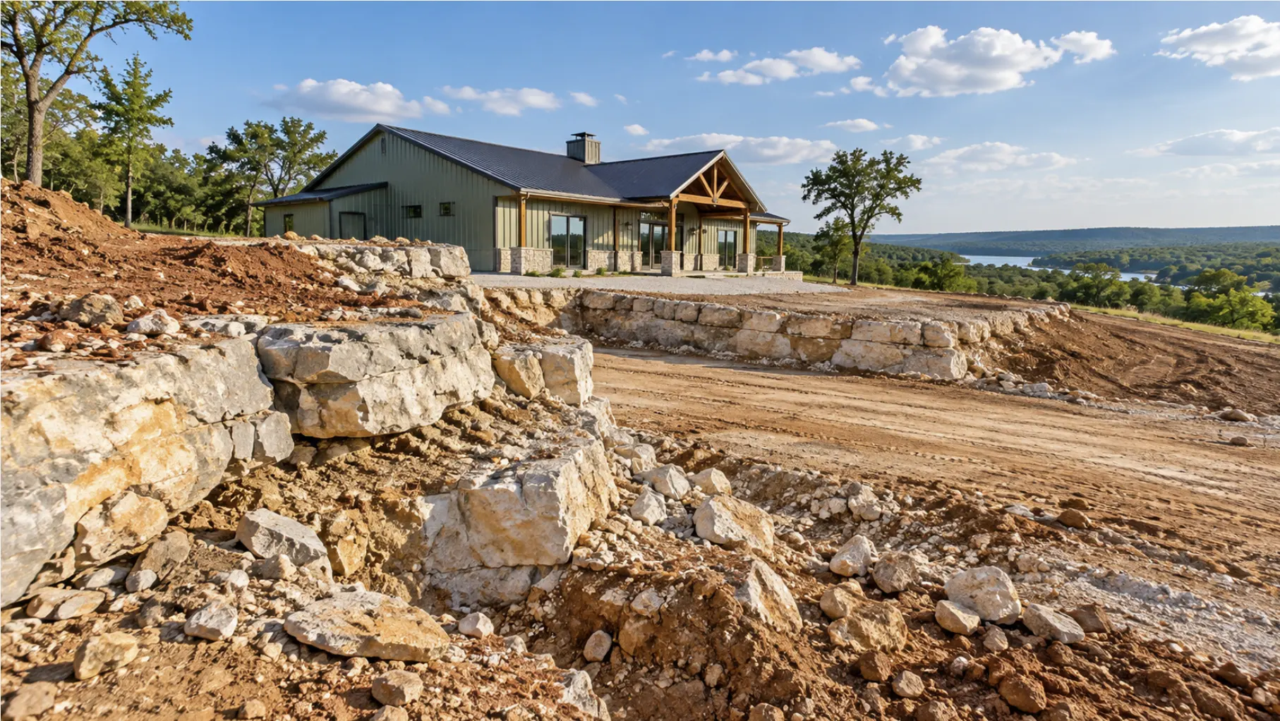 Barndominium building site with exposed limestone and rocky ground conditions in Mount Juliet, TN.