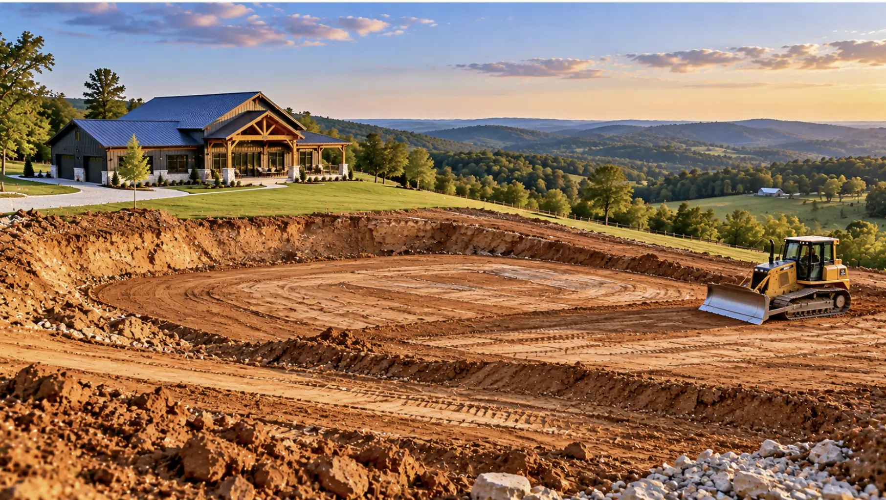 Rolling Highland Rim terrain with a graded barndominium building site in Dickson, TN.