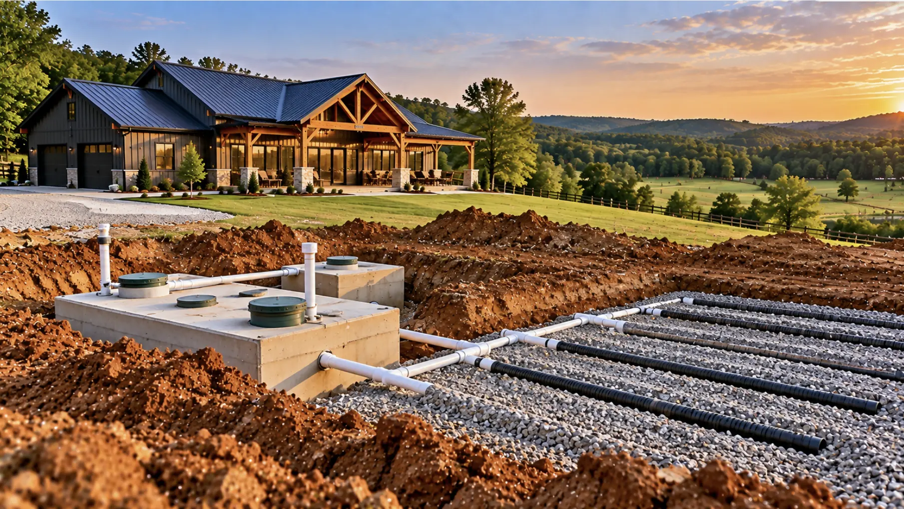 Barndominium property with septic system and drain field installation in Dickson, TN.