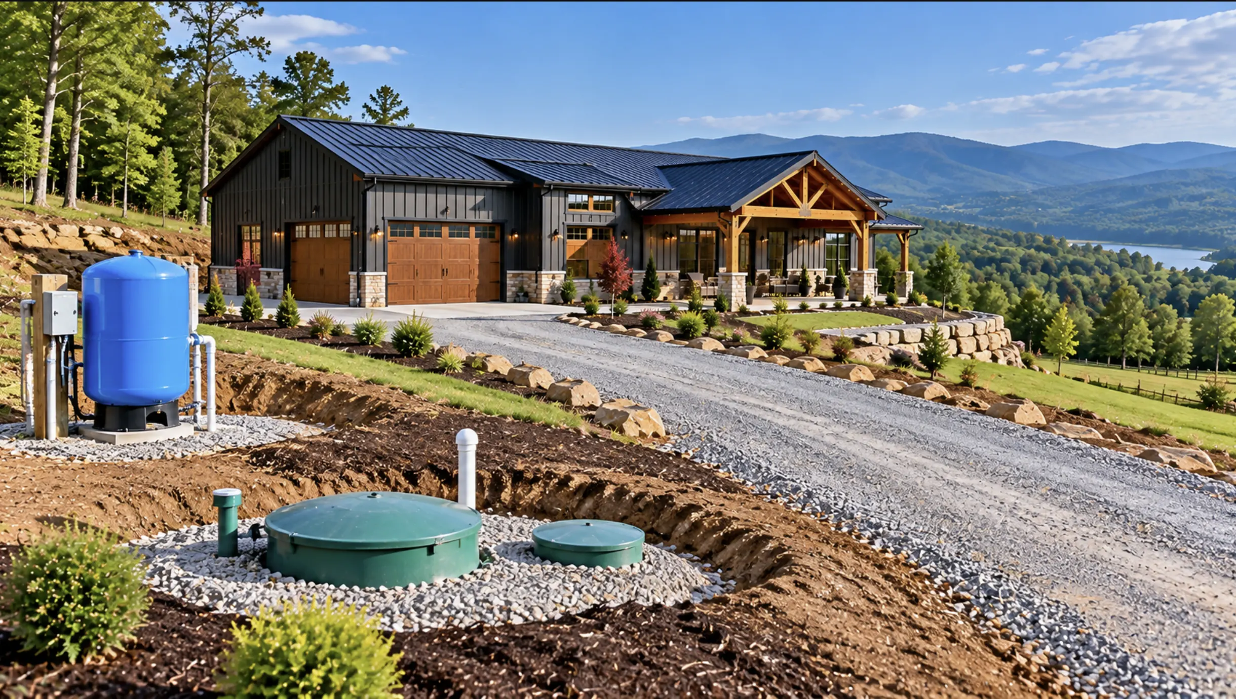 Barndominium on a rural Johnson City, TN property with septic, private water system and gravel driveway access.