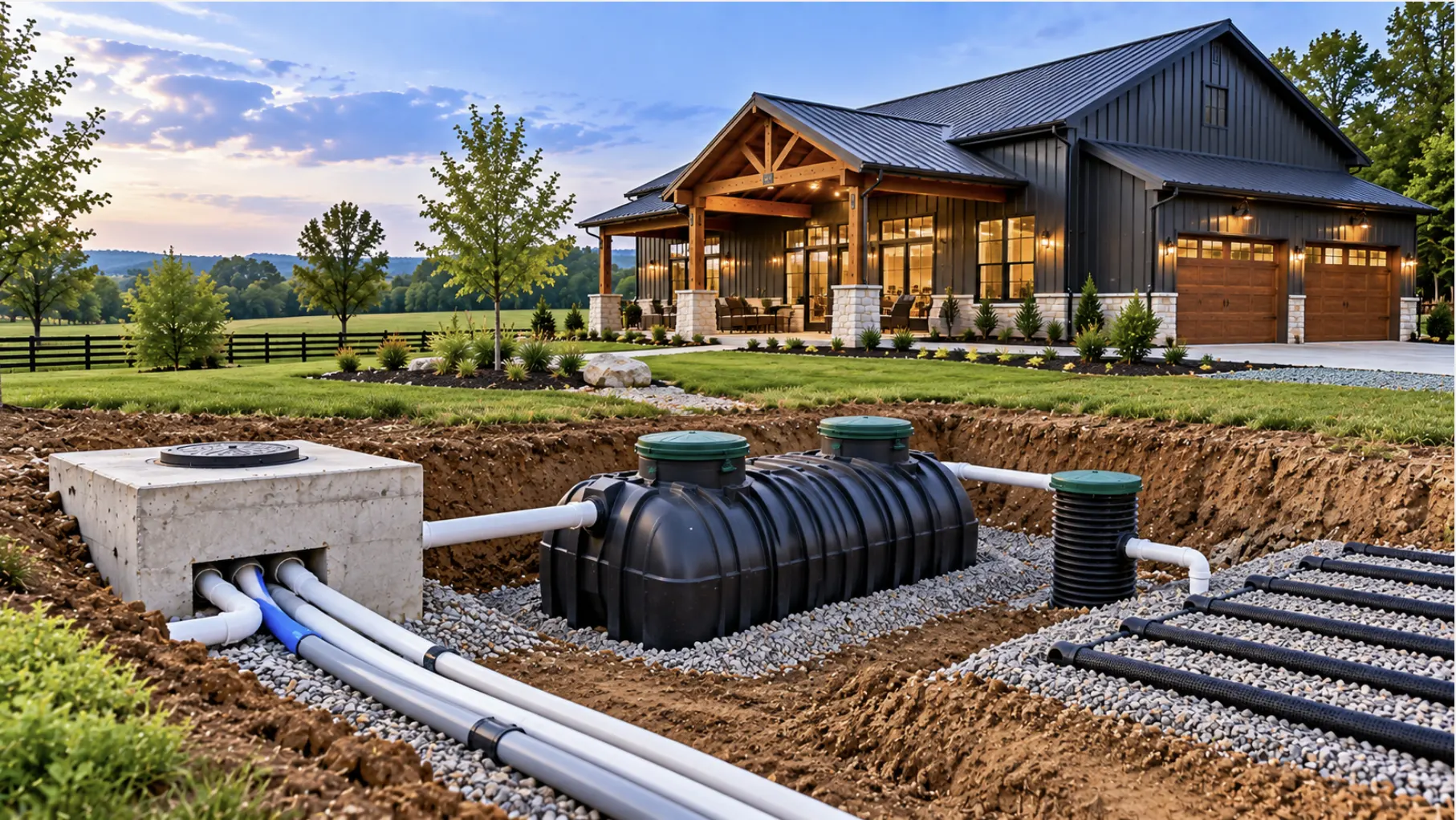 Barndominium property with septic system and utility connections being installed in Mount Juliet, TN.
