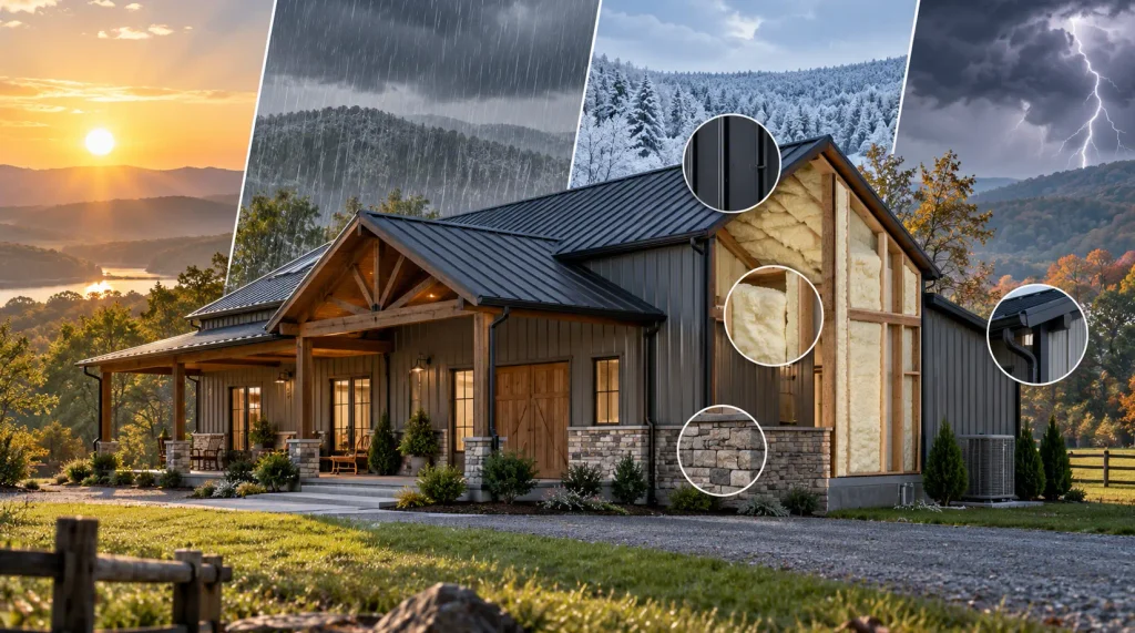 Barndominium cutaway showing insulation, wall framing and exterior materials for Tennessee weather conditions