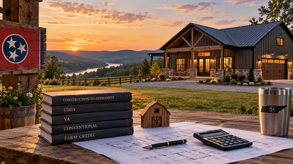 Tennessee barndominium with construction plans, calculator and loan documents representing construction-to-permanent, USDA, VA, conventional and Farm Credit financing options.