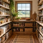 Rustic walk-in pantry with wooden shelves, food storage containers, wicker baskets and a countertop overlooking a garden.