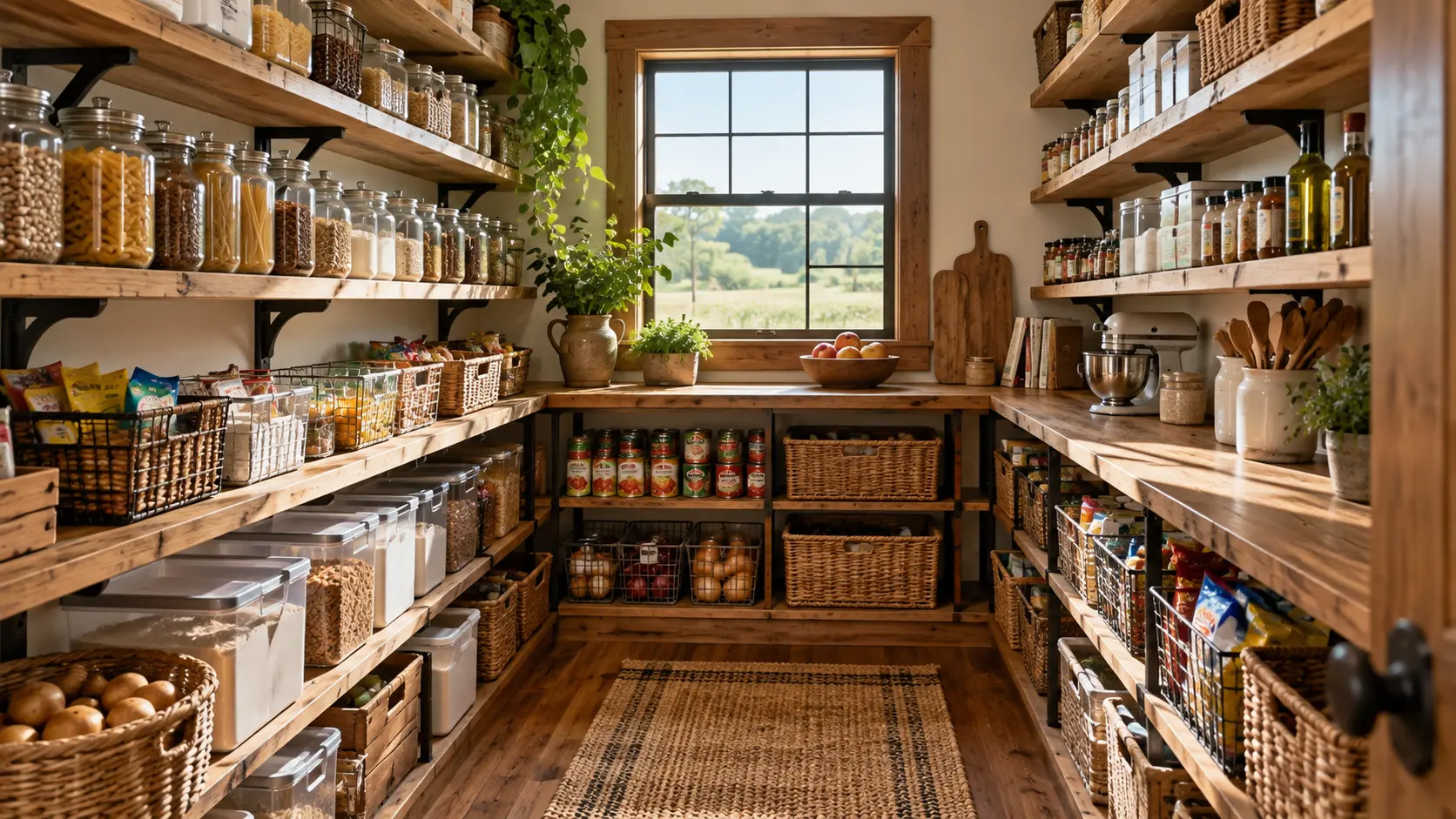 Rustic walk-in pantry with wooden shelves, food storage containers, wicker baskets and a countertop overlooking a garden.