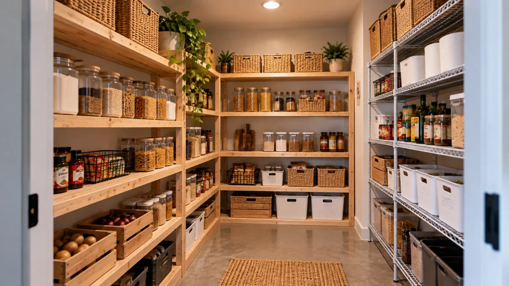 Affordable DIY walk-in pantry with simple wooden shelves, white wire racks, plastic food storage bins, baskets and a concrete floor.
