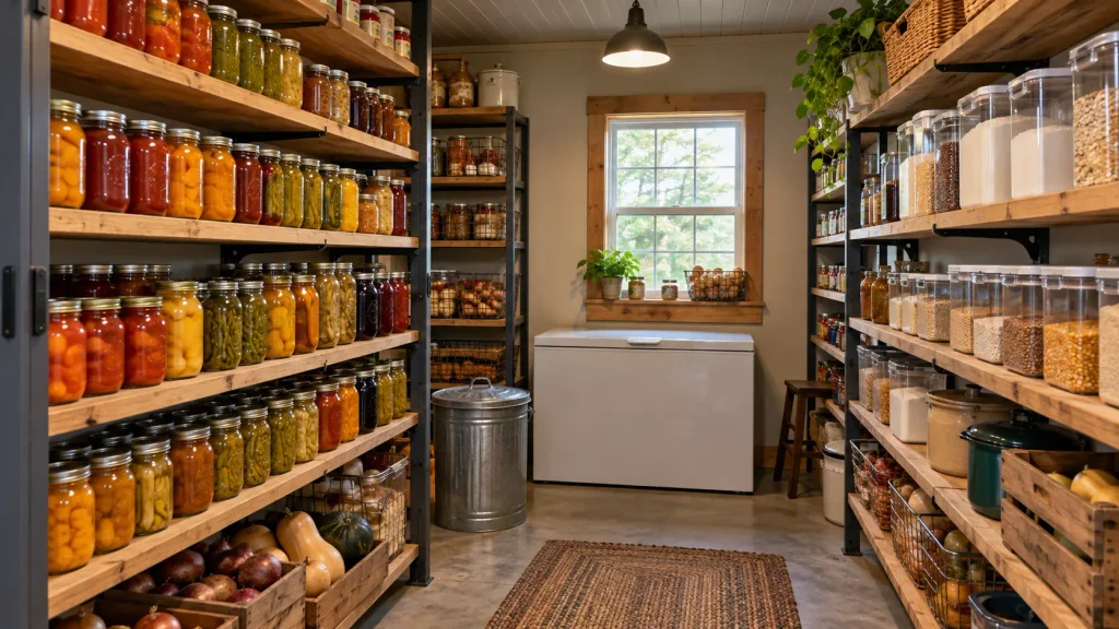 Rural pantry with heavy wooden shelves holding home-canned vegetables and preserves, bulk dry food containers and a chest freezer.