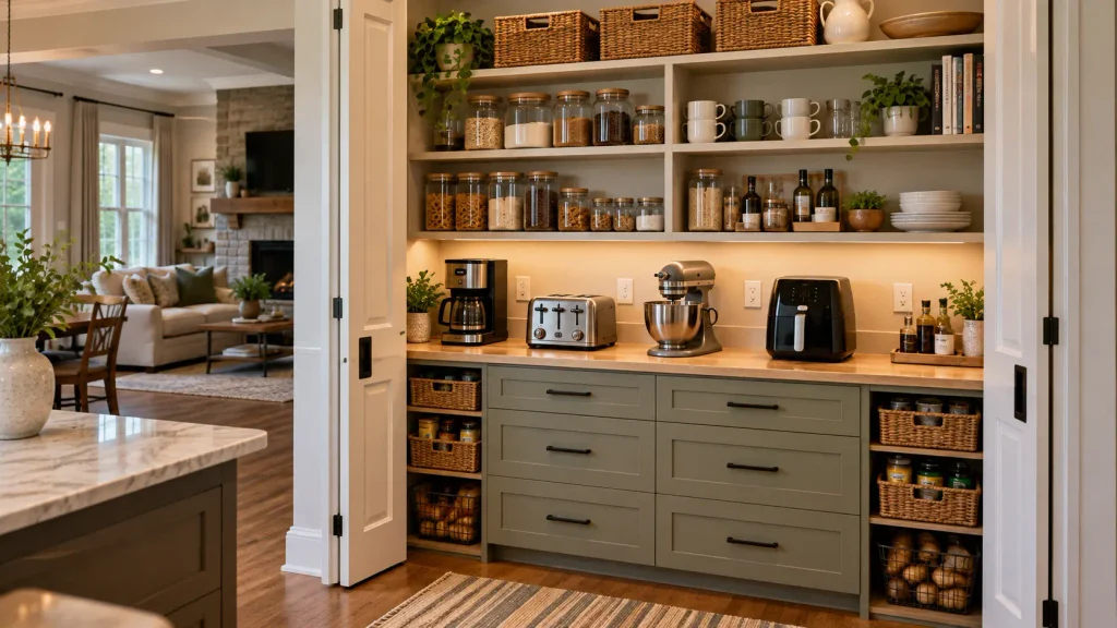 Kitchen appliance pantry with a dedicated countertop for a coffee maker, toaster, stand mixer and air fryer, surrounded by food storage shelves.