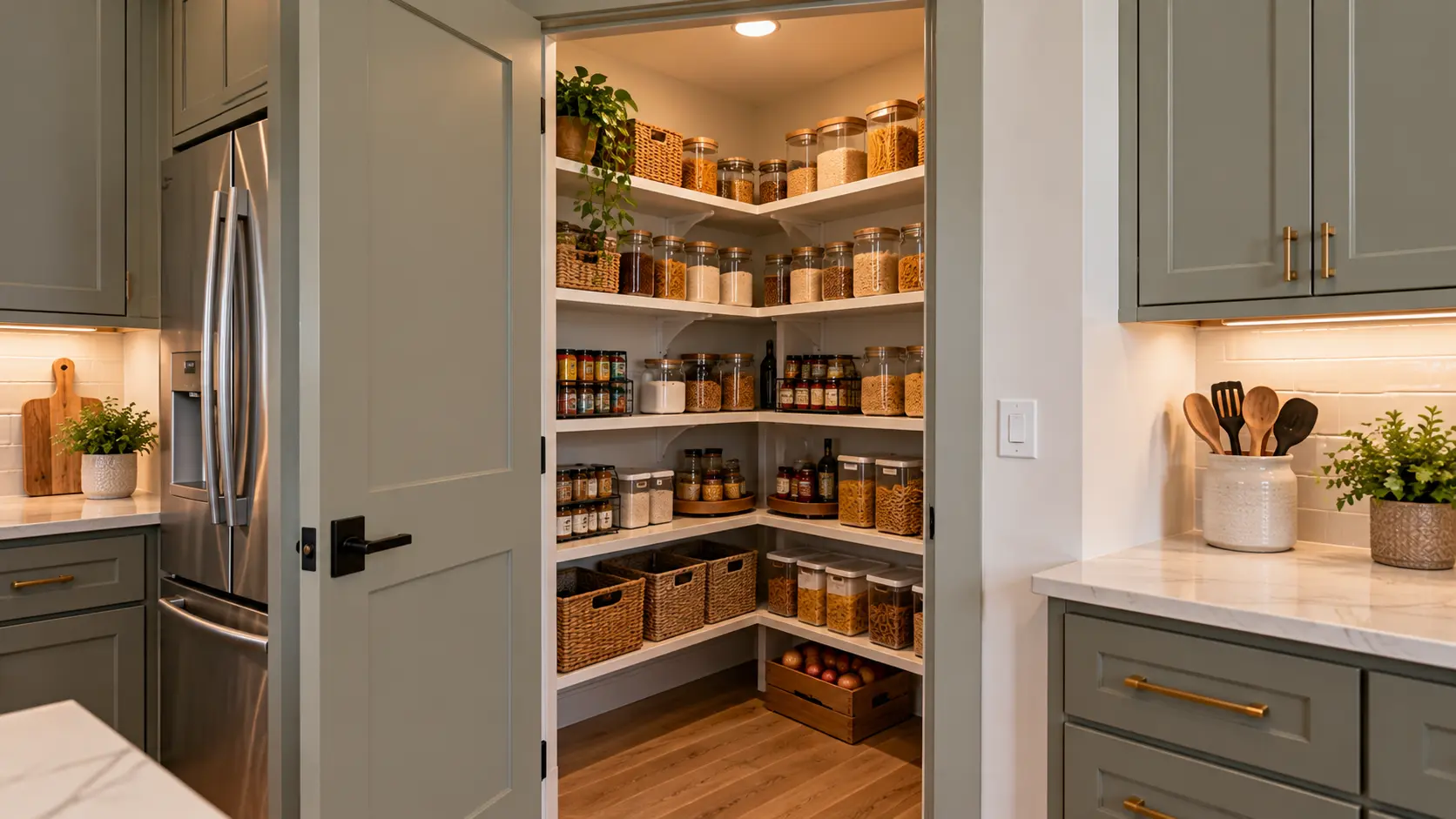 Compact corner pantry with an open cabinet-style door, L-shaped white shelving, food storage jars and baskets beside kitchen cabinets.
