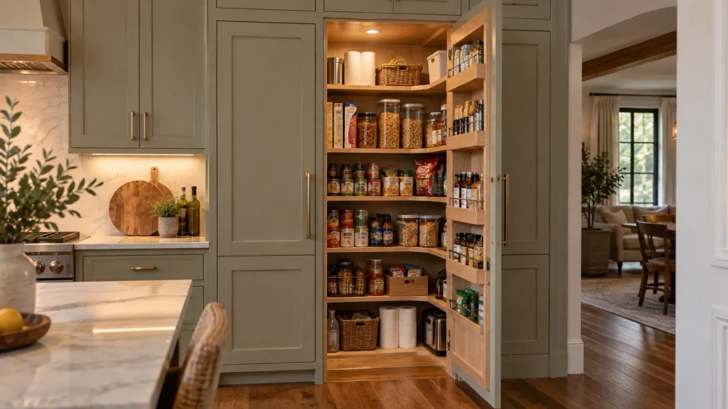 Hidden kitchen pantry concealed behind a matching cabinet door, revealing wooden shelves filled with groceries, jars and food storage baskets.