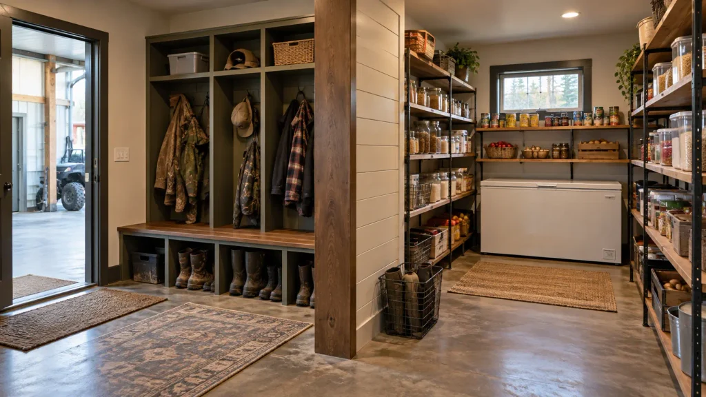 Mudroom pantry beside a garage entrance with coat lockers, boot storage, concrete flooring, grocery shelves and a chest freezer.