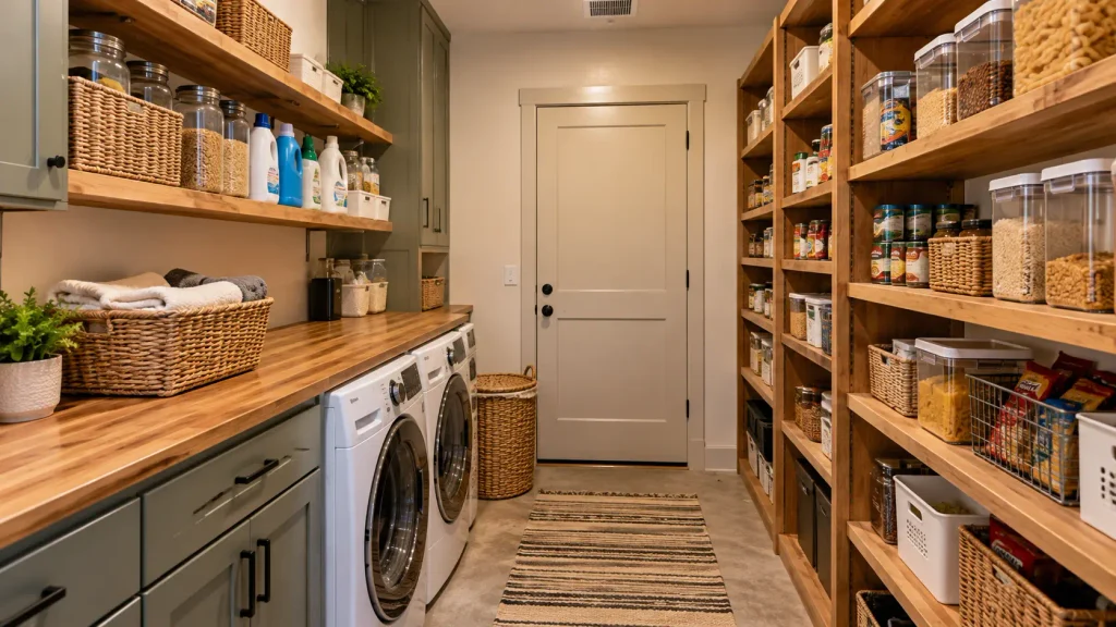 Combined pantry and laundry room with a washing machine, dryer, wooden countertop, laundry storage cabinets and open food storage shelves.
