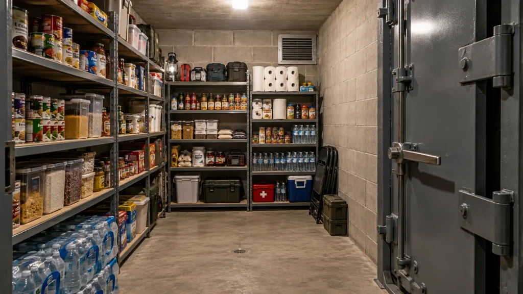 Reinforced concrete safe room pantry with a heavy steel door, metal storage shelves, canned food, emergency supplies and bottled water.