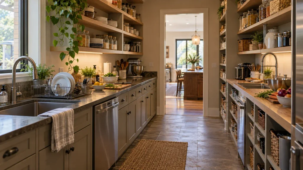 Working pantry with a double-sided preparation area, kitchen sinks, dishwasher, open wooden shelving and countertops for food preparation.