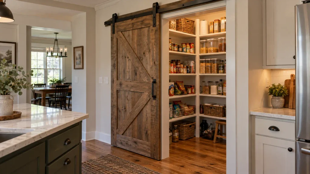 Farmhouse kitchen pantry with a rustic wooden sliding barn door on black metal tracks, opening to shelves stocked with groceries and food containers.