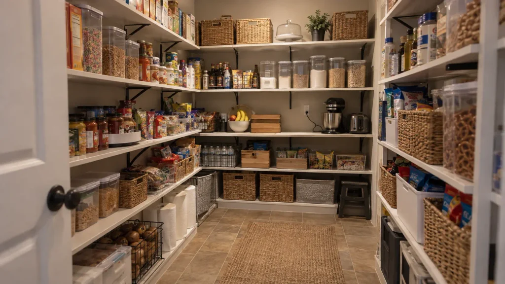 Spacious walk-in pantry with U-shaped white shelving, organised food containers, wicker baskets, small appliances and bulk grocery storage.