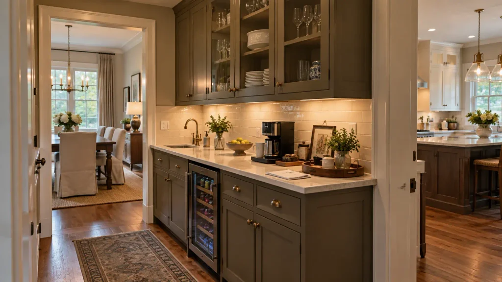 Butler's pantry connecting the kitchen and dining room, featuring grey cabinets, glass-front cupboards, a countertop, small sink and beverage fridge.
