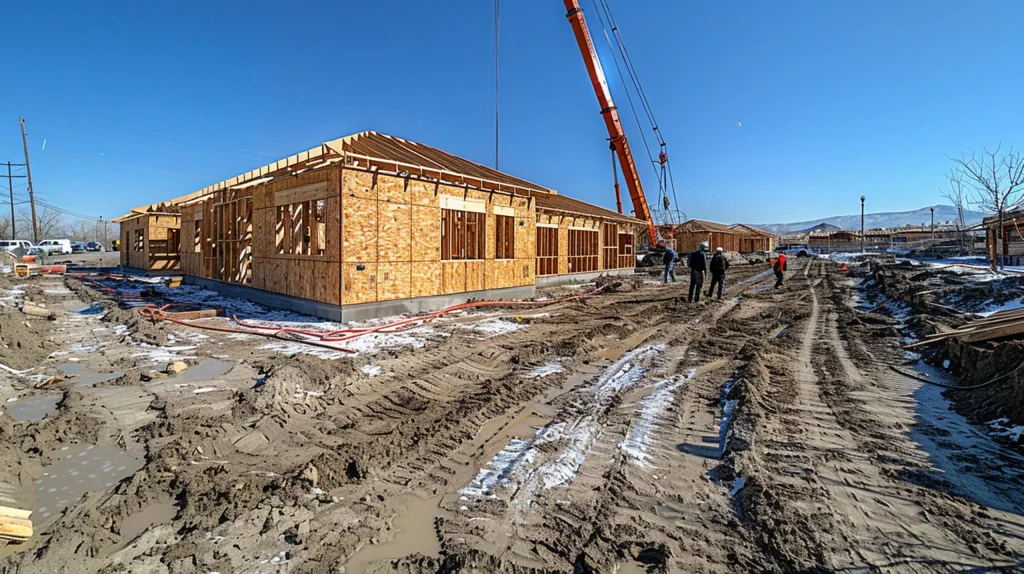 Erected barndominium built surrounded by mud on a construction site with several workers on the field 
